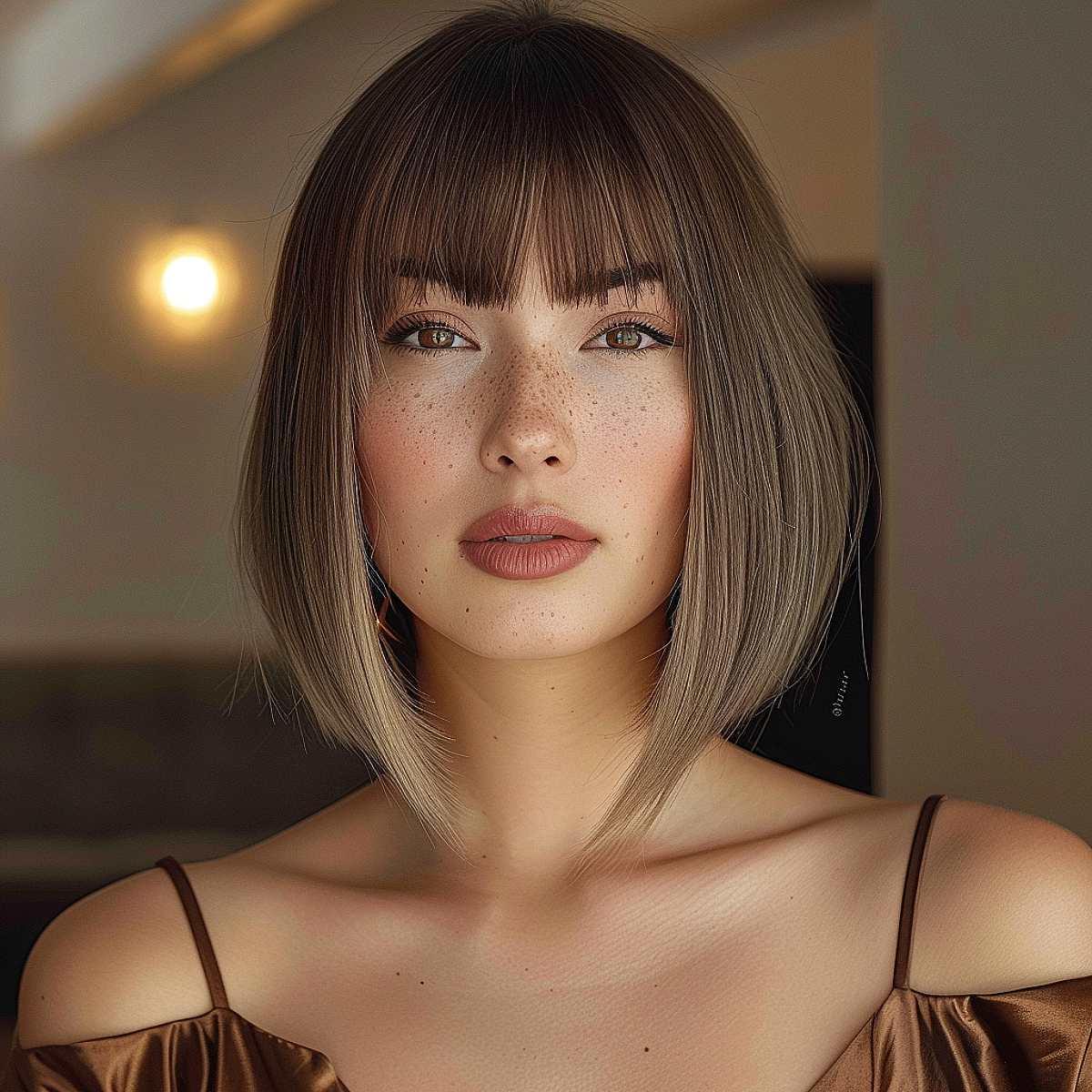 An oval face shape with medium bob haircut
