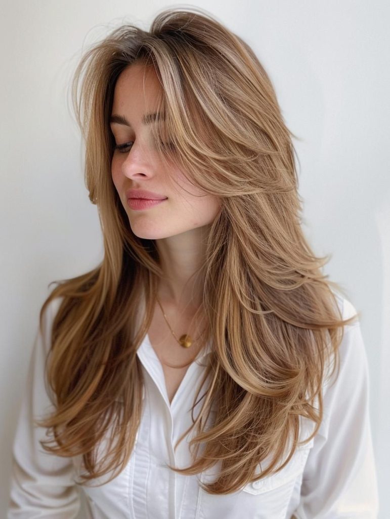 side pose of a girl in long layered haircut