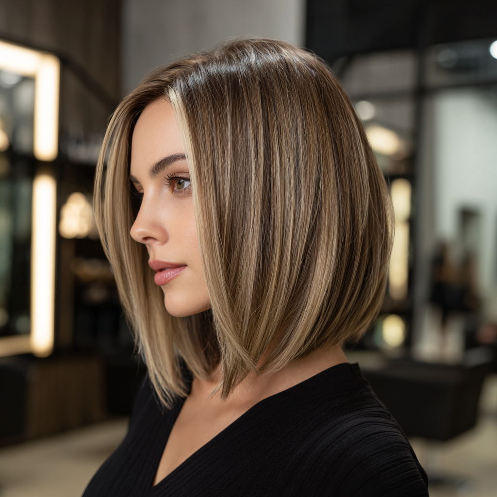 Angled butterfly bob with sharp jawline definition, ash brown base blending into cool beige balayage highlights, sleek polished finish.