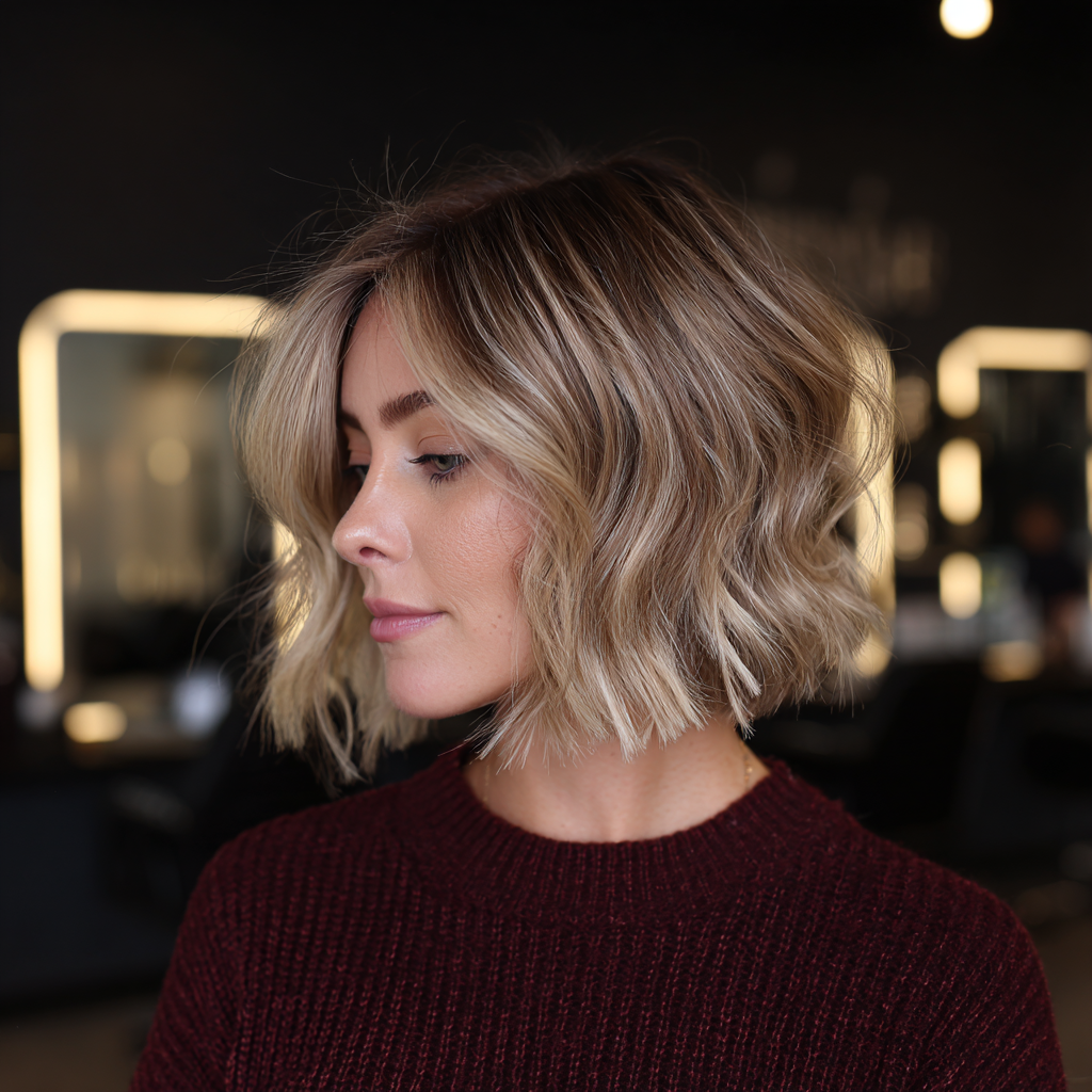 Butterfly bob with airy layered cut, beige blonde balayage with sandy undertones, light natural flow.