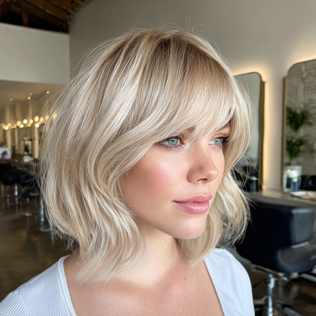 Butterfly bob with curtain bangs and champagne blonde balayage, soft framing layers with shimmering undertones.