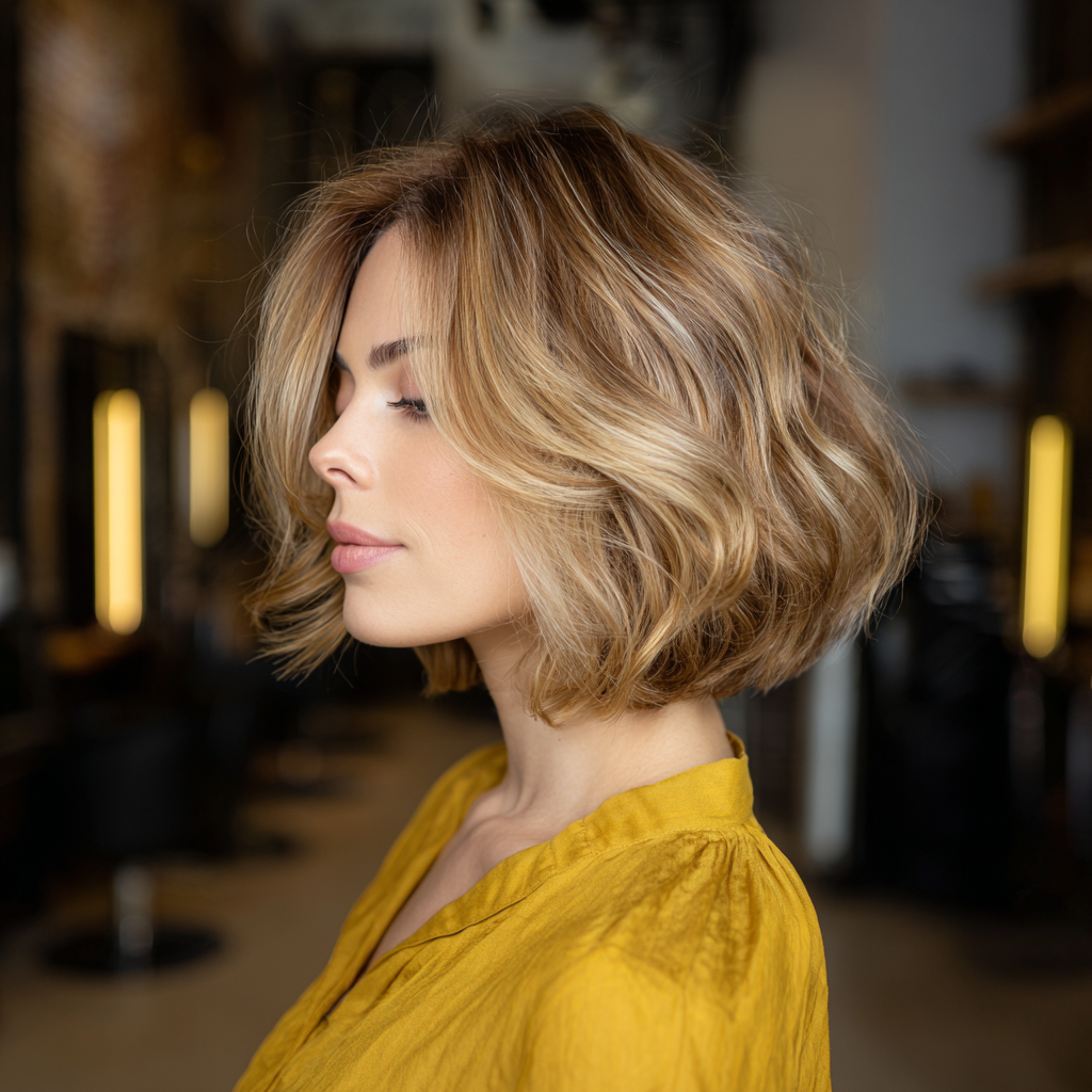 Butterfly bob with face-framing layers, honey blonde balayage highlights adding warmth and radiance.