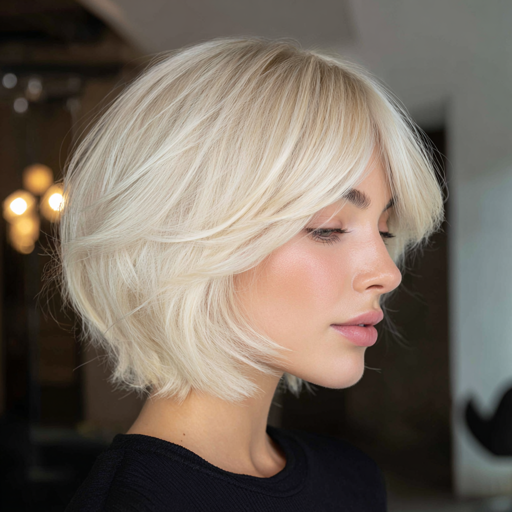 Butterfly bob with feathery layers, French vanilla blonde melting softly from darker roots, luminous glossy shine.