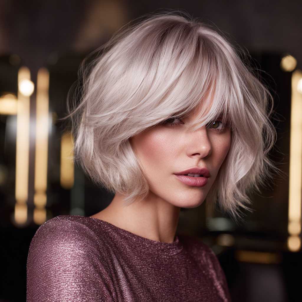 Butterfly bob with jawline-length cut, cool silver ash color, sleek precision with reflective shine.