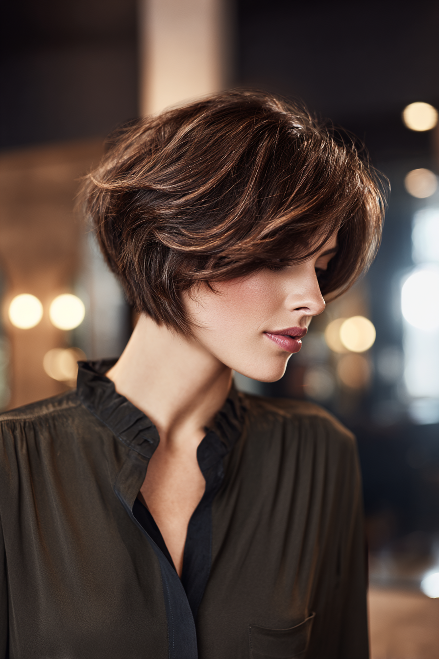 Butterfly bob with layered textured cut, smoky brunette base enhanced with subtle highlights, soft luminous depth.