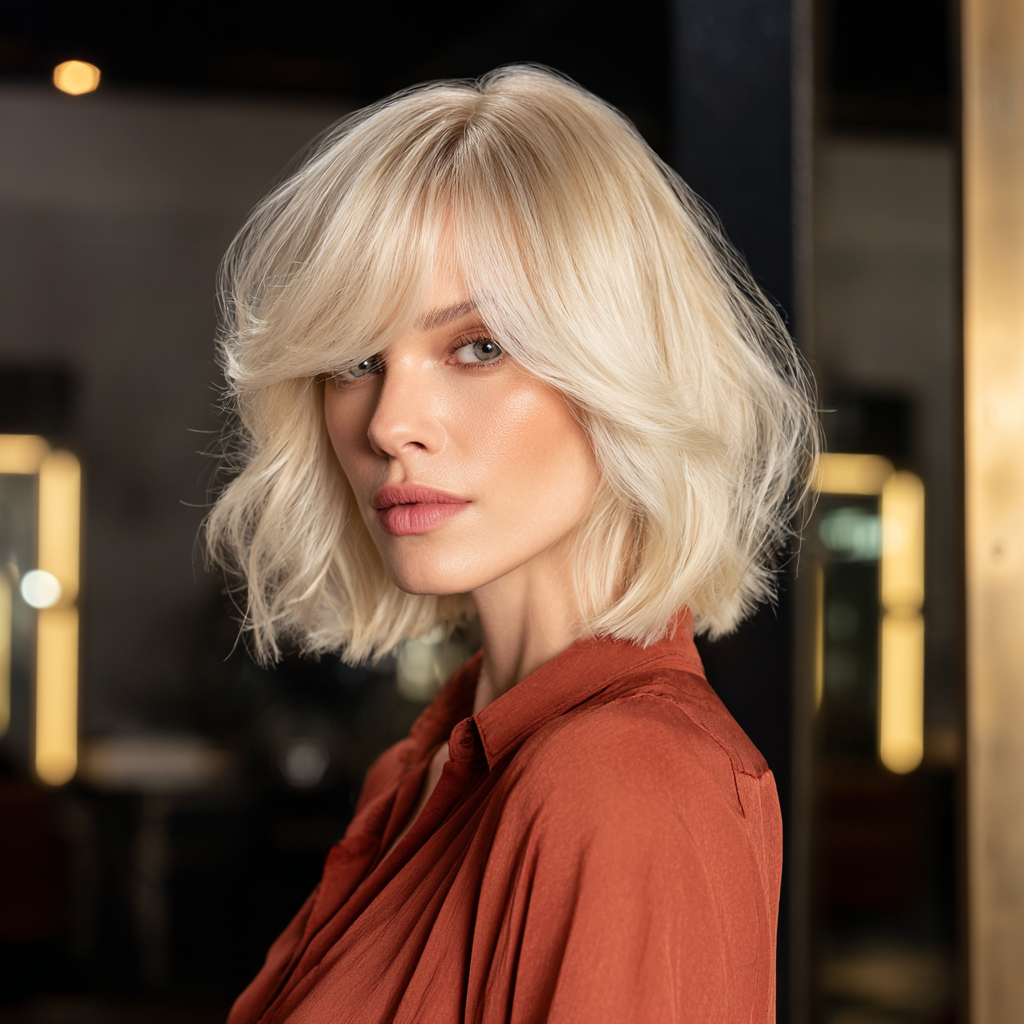 Butterfly bob with wispy fringe, pearl blonde color with iridescent undertones, luminous soft glow.