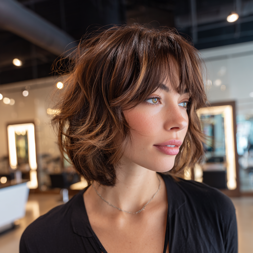 Butterfly bob with wispy layered cut, mocha brunette base lifted with caramel highlights, warm and dimensional shine.