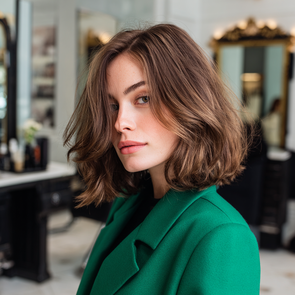 Classic butterfly bob with minimal layers, pecan brunette color enriched with caramel undertones, timeless polished look.