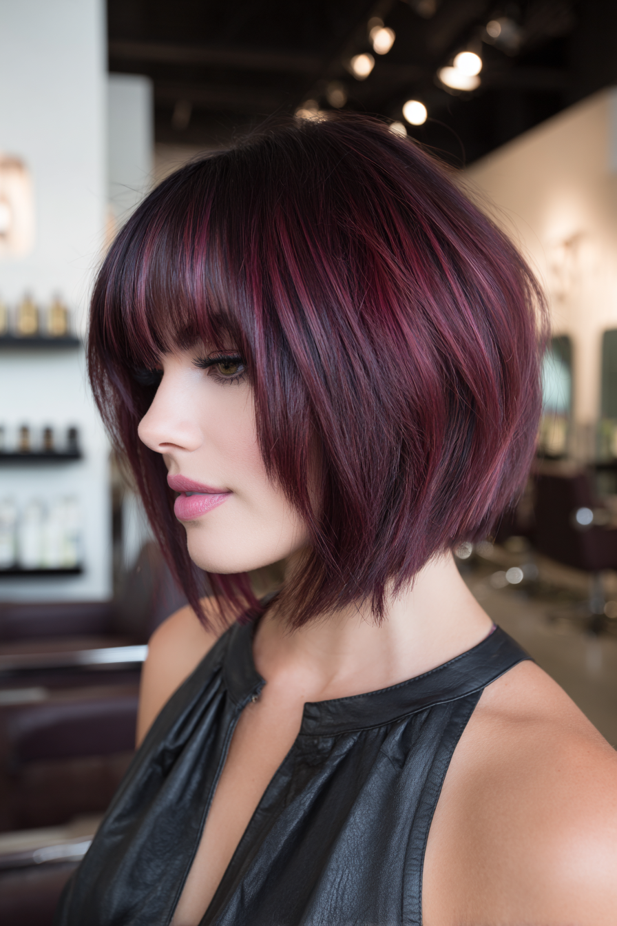 Edgy butterfly bob with piecey bangs, blunt ends, deep burgundy base blended into plum balayage, bold dramatic style.