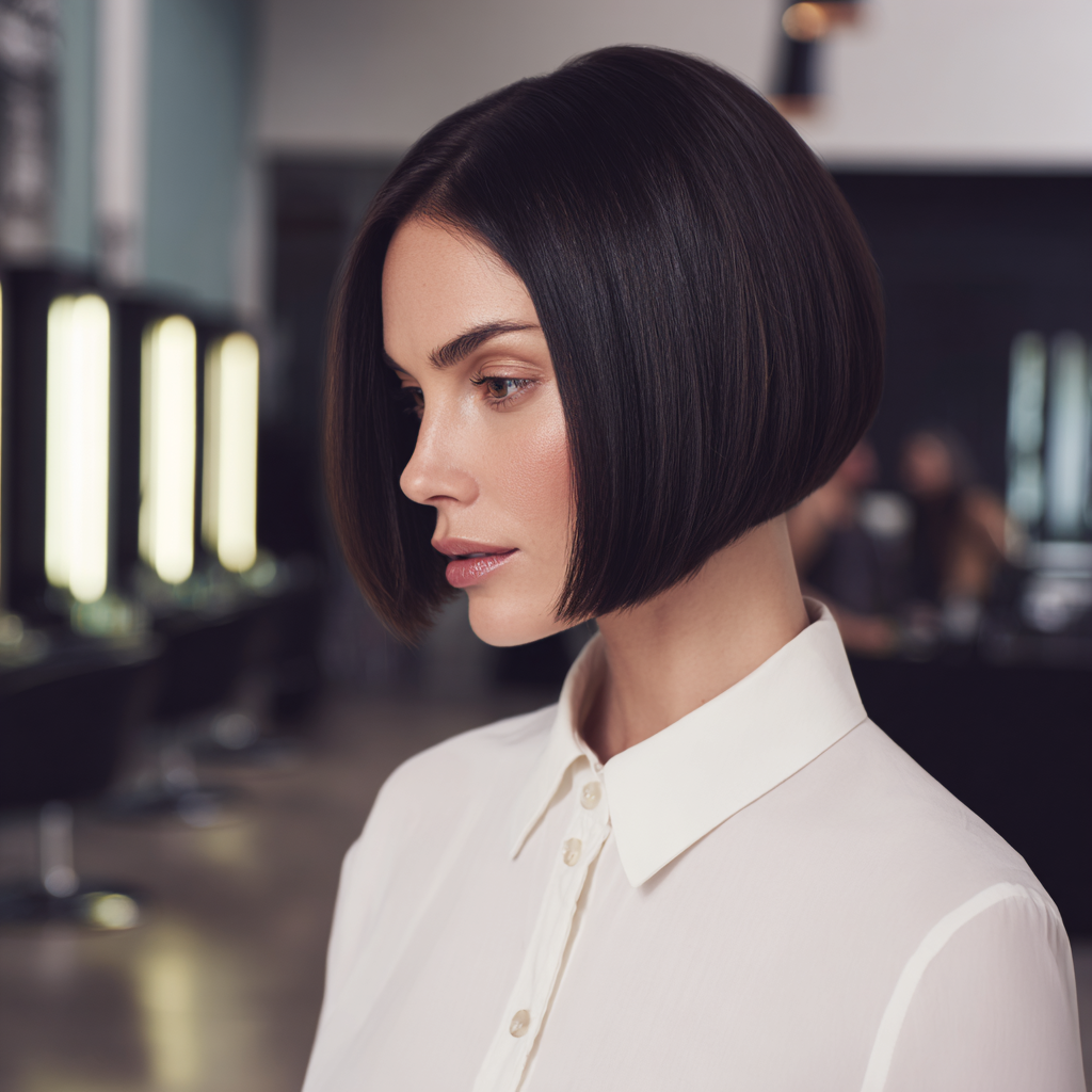 Sharp butterfly bob with sleek blunt ends, espresso black color, bold dramatic shine.