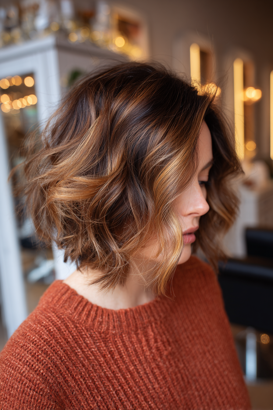 Tousled butterfly bob with caramel and honey balayage blend, layered cut for soft casual movement.