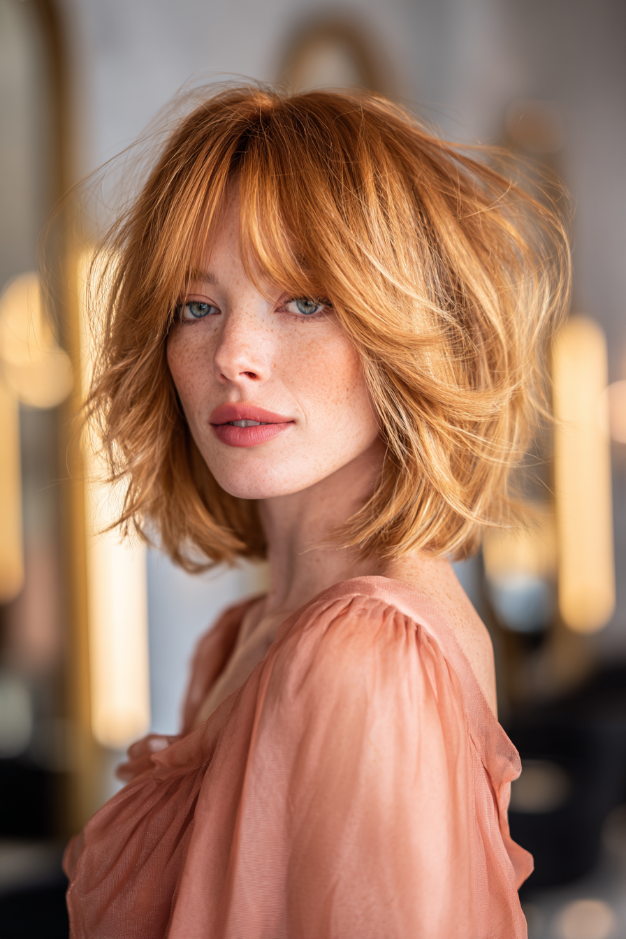 Tousled butterfly bob with curtain bangs, strawberry blonde tones blended with rose-gold balayage, playful romantic finish.